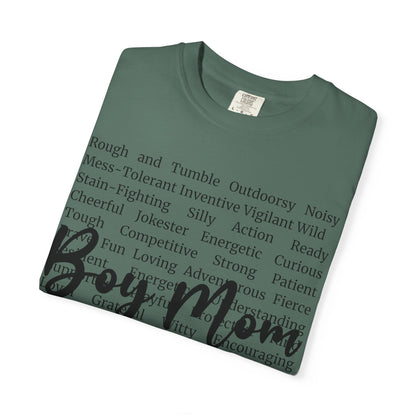 Boy Mom T‑Shirt — 'Boy Mom' Script over Positive Traits Tee COMFORT COLOR