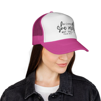She Will Not Fail Trucker Cap – Psalm 46:5 Inspirational Christian Hat