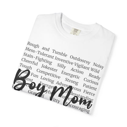 Boy Mom T‑Shirt — 'Boy Mom' Script over Positive Traits Tee COMFORT COLOR