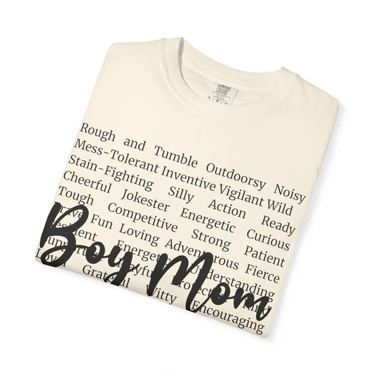 Boy Mom T‑Shirt — 'Boy Mom' Script over Positive Traits Tee COMFORT COLOR
