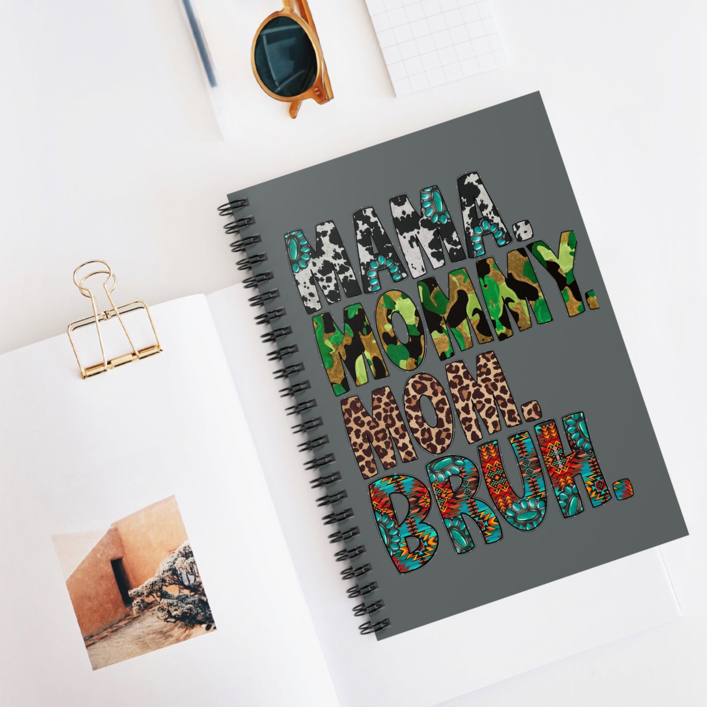 Mama Mommy Mom Bruh Spiral Notebook — Funny Leopard & Camo Pattern Journal (Ruled)