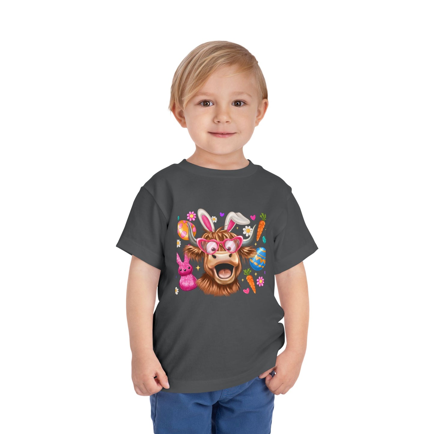 Easter Highland Cow Toddler Tee — Cute Bunny Ears & Colorful Eggs