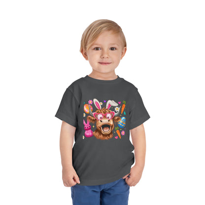 Easter Highland Cow Toddler Tee — Cute Bunny Ears & Colorful Eggs