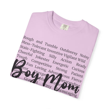 Boy Mom T‑Shirt — 'Boy Mom' Script over Positive Traits Tee COMFORT COLOR