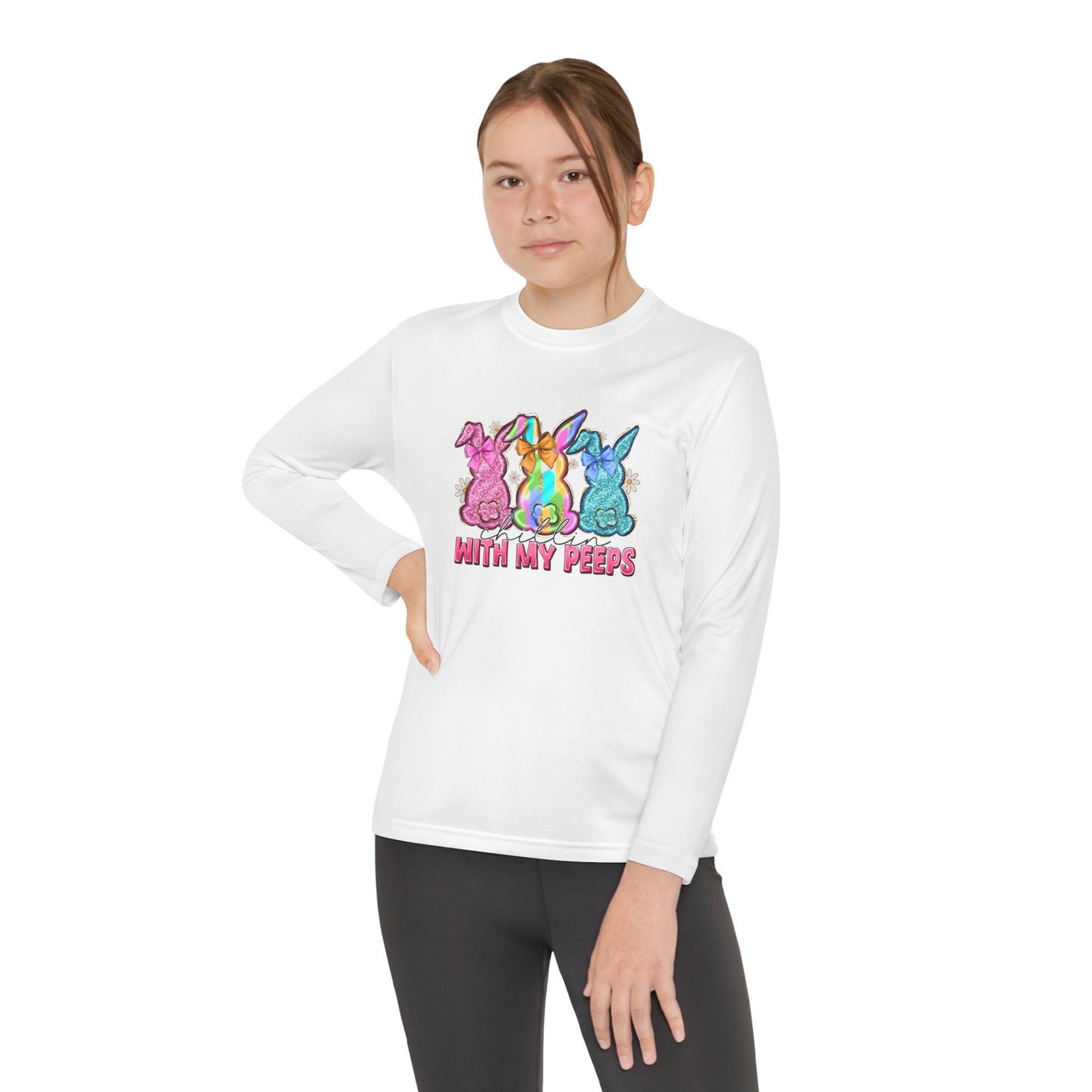 Youth Long Sleeve Tee — "With My Peeps" Colorful Easter Bunny Graphic