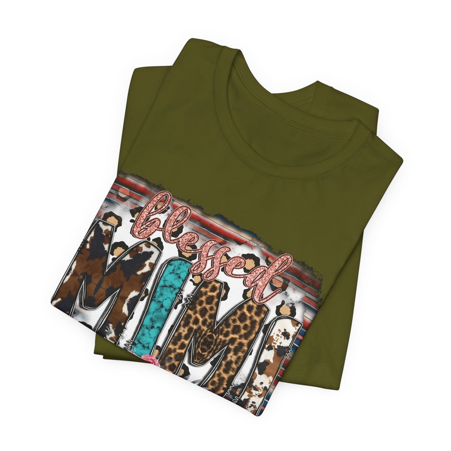 Mama Leopard & Western Floral T-Shirt — 'Mama' Graphic Tee with Cowhide, Turquoise & Pink Flowers