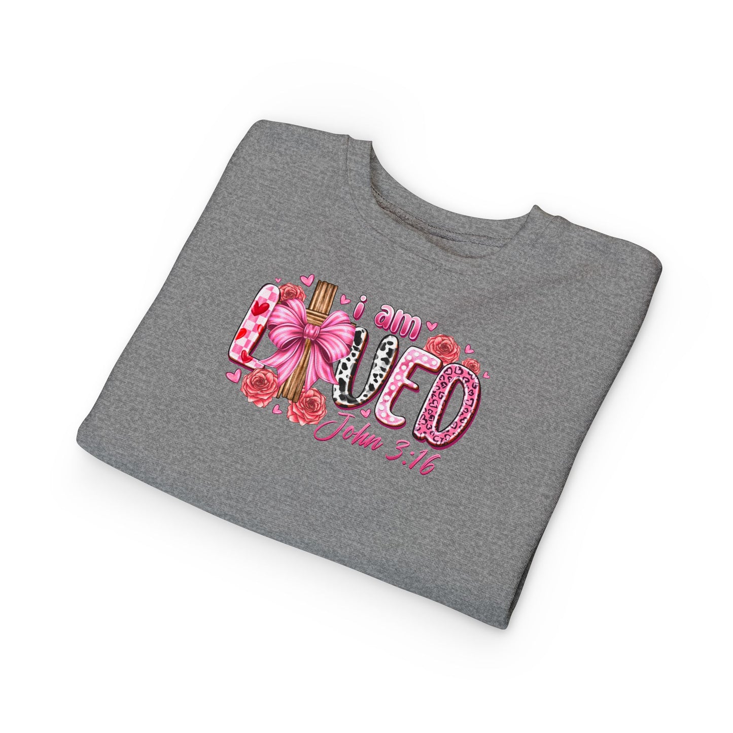 Toddler Sweatshirt - "I Am Loved" John 3:16 Pink Cross Faith Pullover