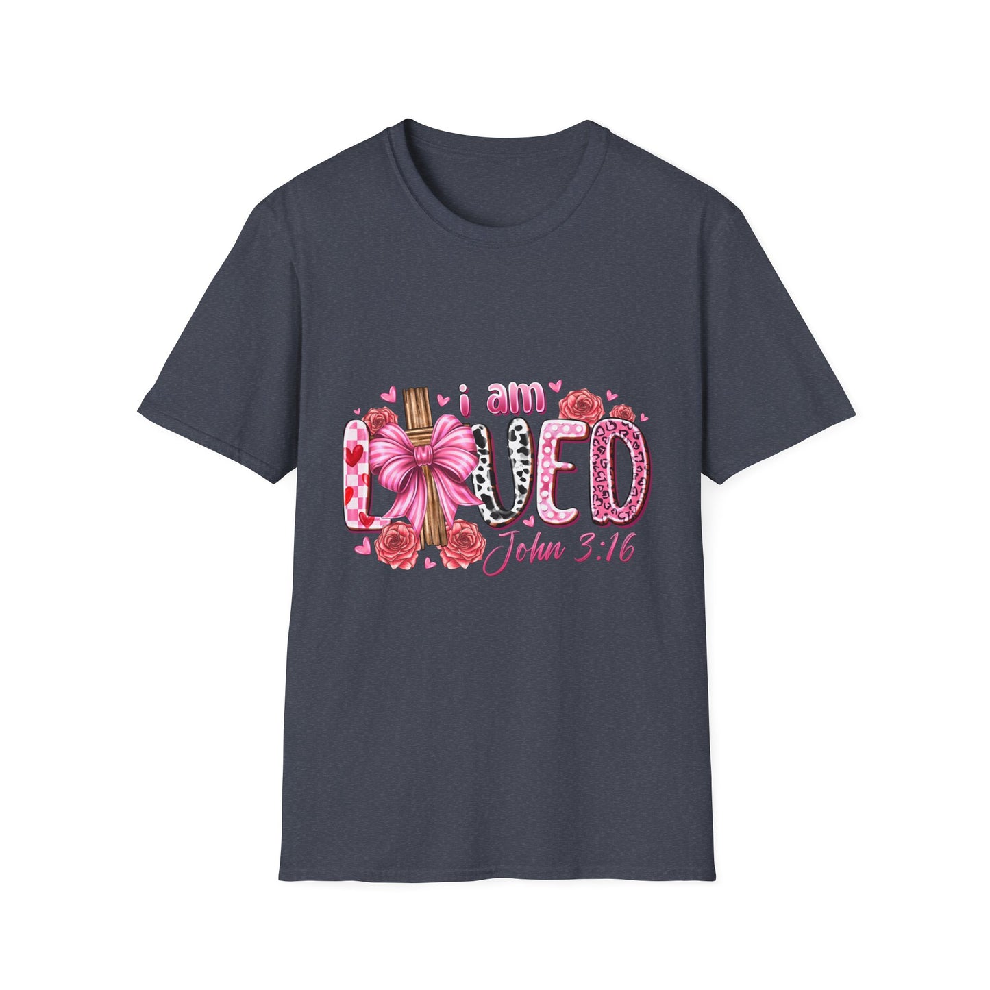 I Am Loved John 3:16 T-Shirt — Pink Floral Christian Faith Tee