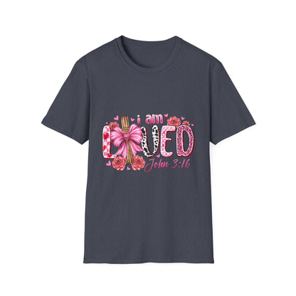 I Am Loved John 3:16 T-Shirt — Pink Floral Christian Faith Tee