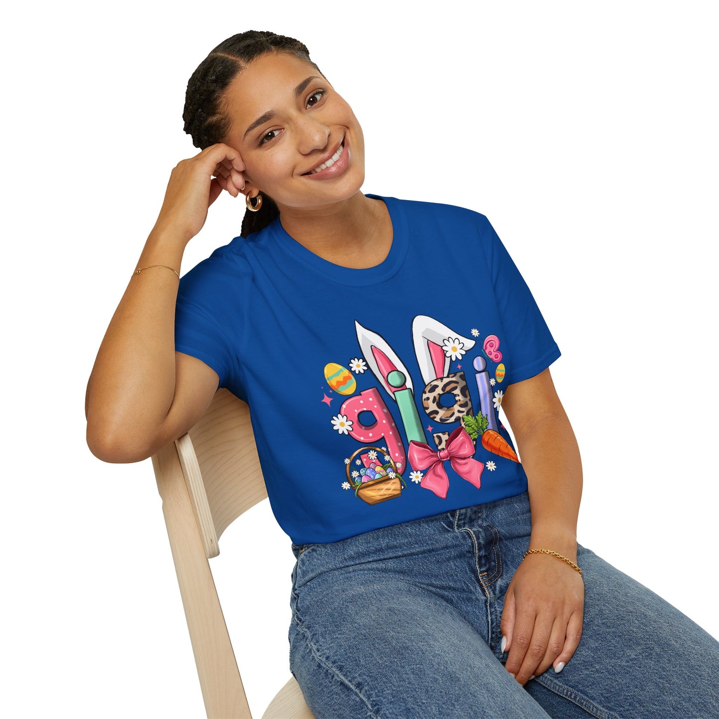 Easter Girl Bunny Tee – Floral Eggs, Carrot & Pink Bow Graphic T-Shirt