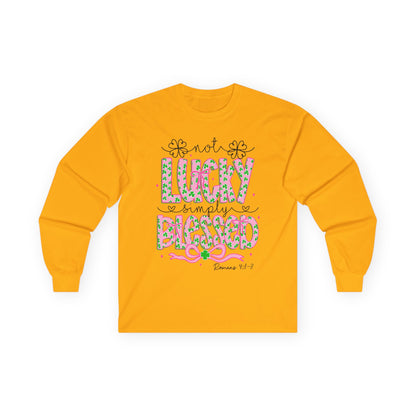 Long Sleeve Tee — "Not Lucky, Simply Blessed" Floral Christian Graphic