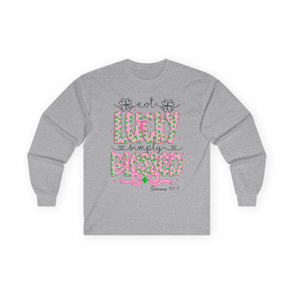 Long Sleeve Tee — "Not Lucky, Simply Blessed" Floral Christian Graphic