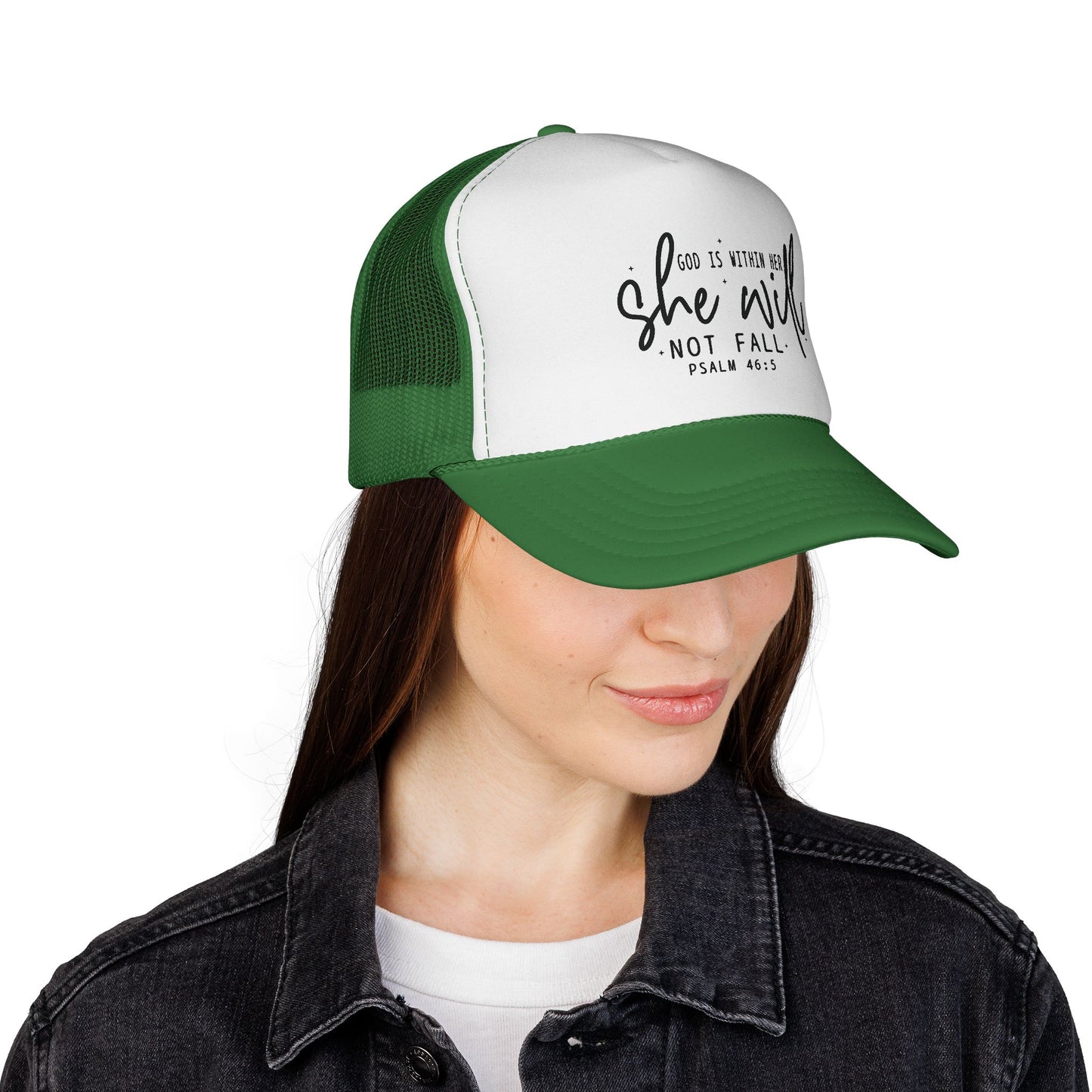 She Will Not Fail Trucker Cap – Psalm 46:5 Inspirational Christian Hat