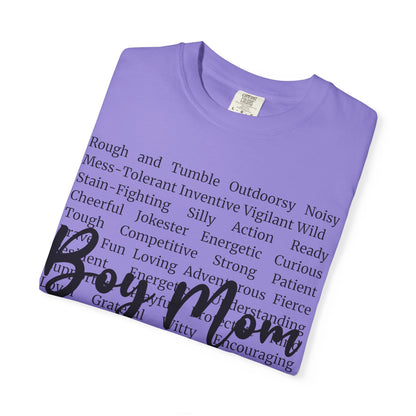 Boy Mom T‑Shirt — 'Boy Mom' Script over Positive Traits Tee COMFORT COLOR