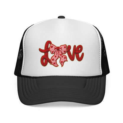 Love Bow Trucker Cap — Cute Pink Ribbon Love Logo Mesh Hat for Valentine’s Day