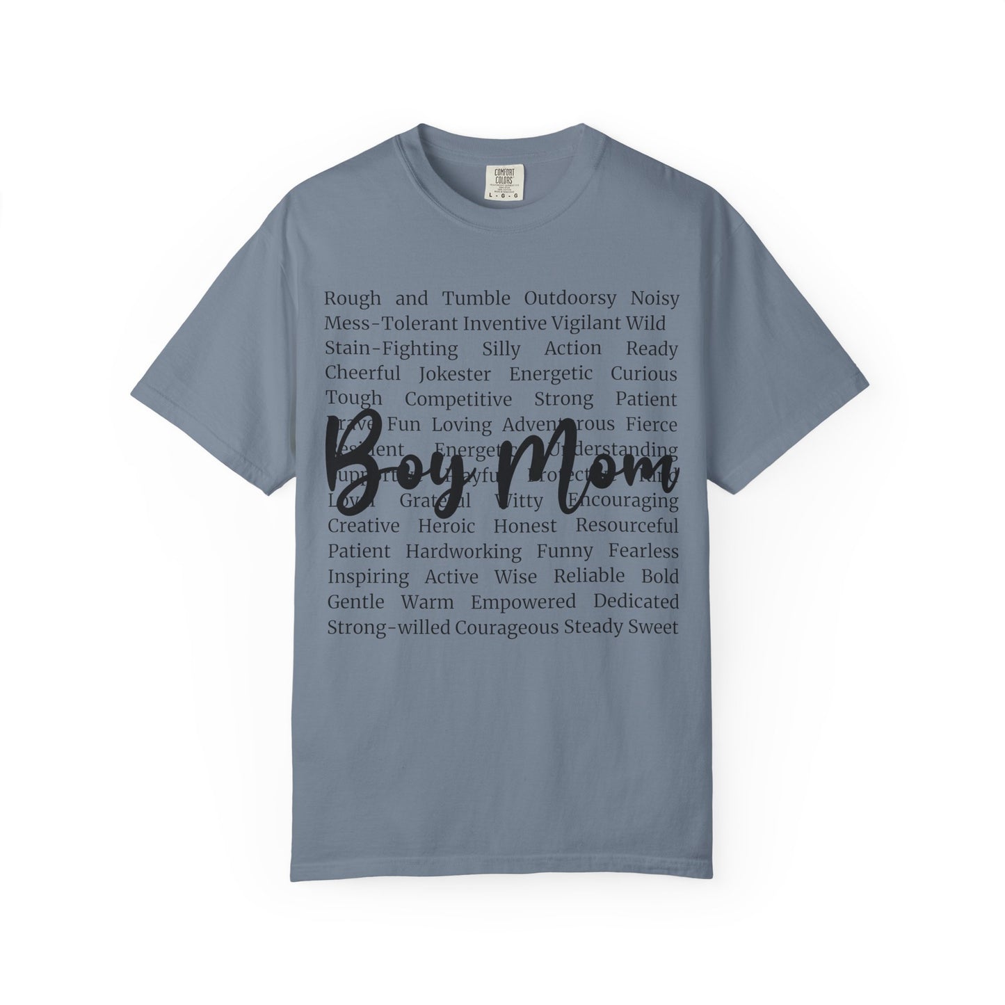 Boy Mom T‑Shirt — 'Boy Mom' Script over Positive Traits Tee COMFORT COLOR