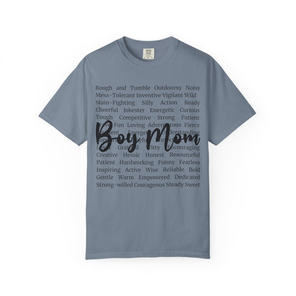 Boy Mom T‑Shirt — 'Boy Mom' Script over Positive Traits Tee COMFORT COLOR