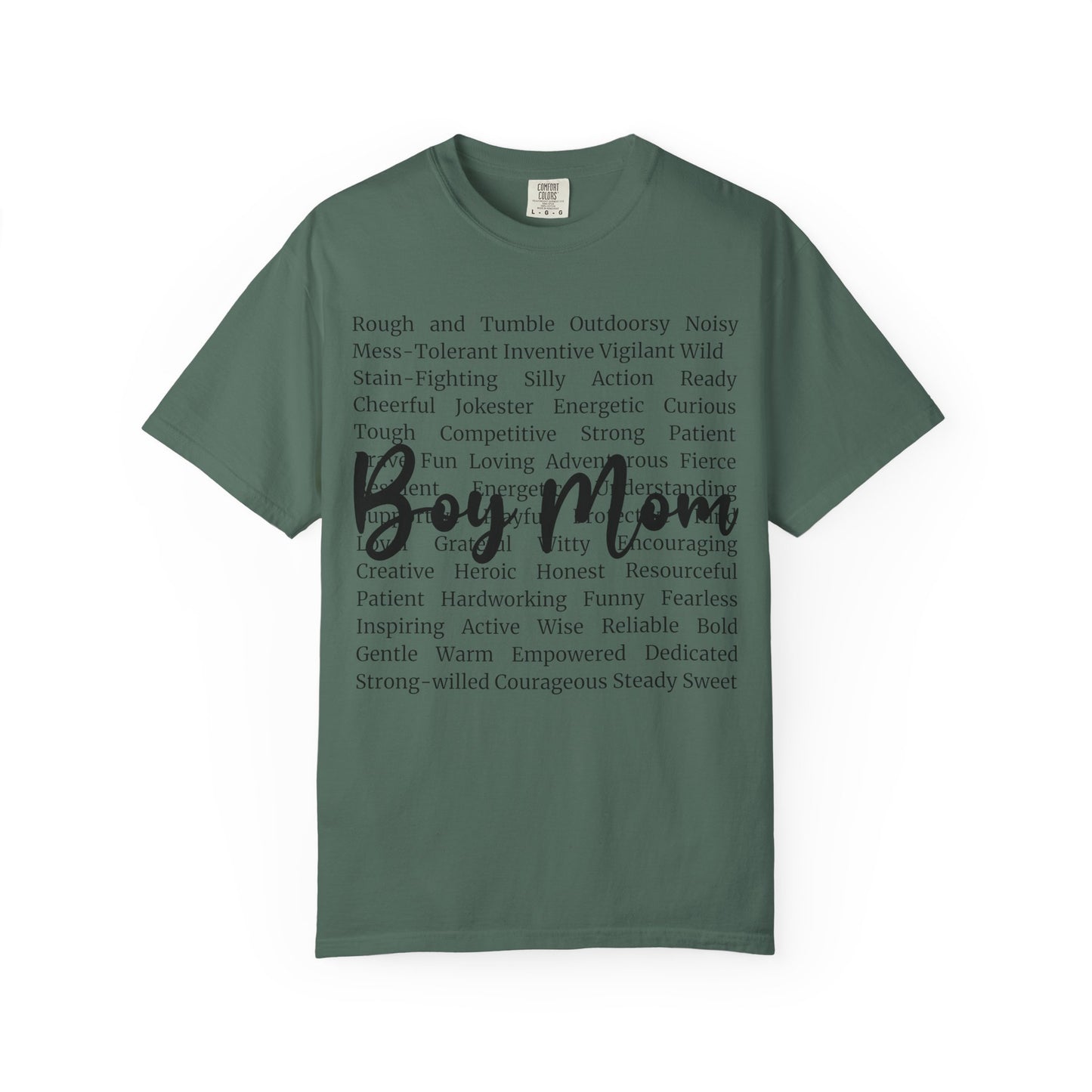 Boy Mom T‑Shirt — 'Boy Mom' Script over Positive Traits Tee COMFORT COLOR