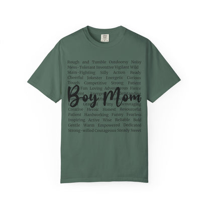 Boy Mom T‑Shirt — 'Boy Mom' Script over Positive Traits Tee COMFORT COLOR