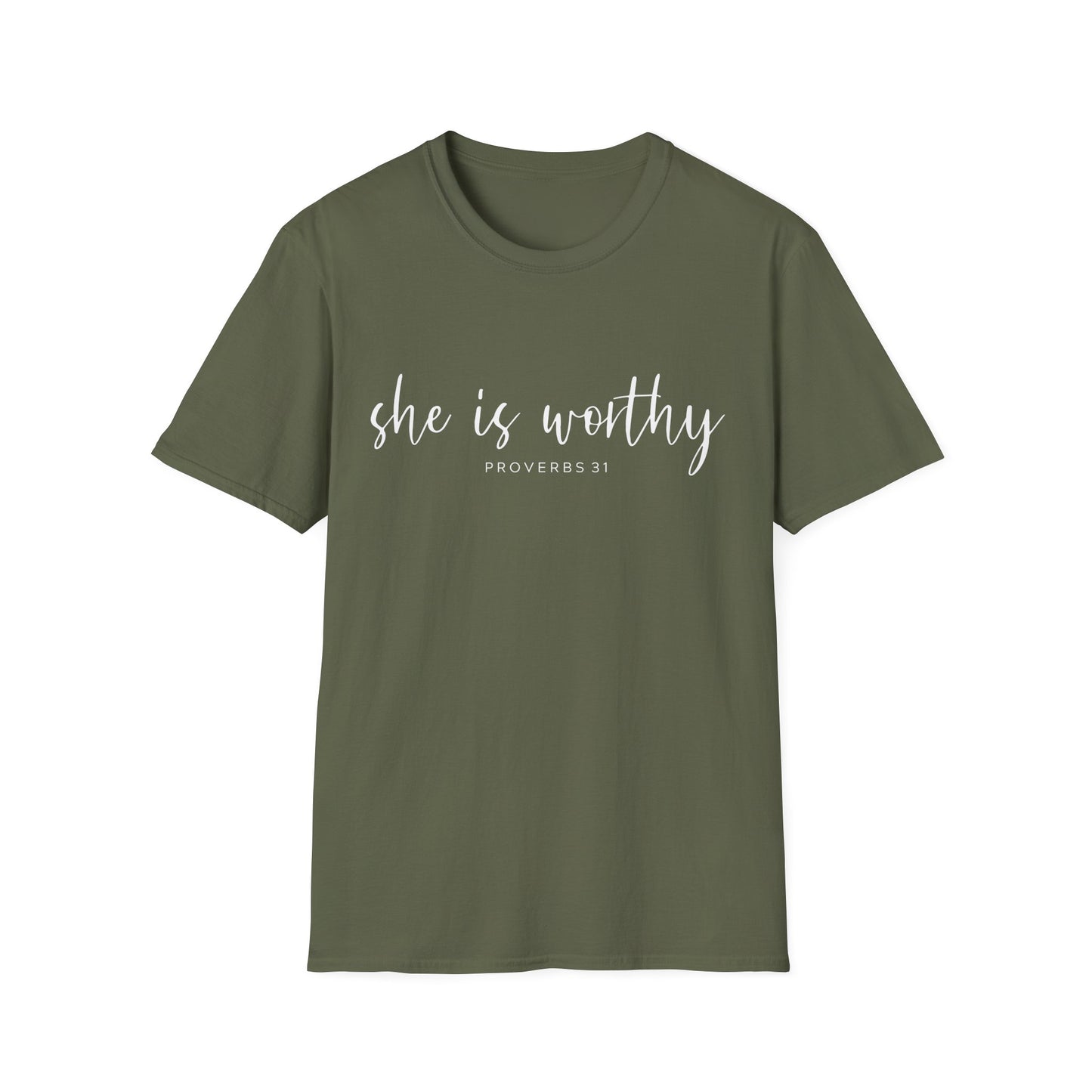 She Is Worthy T-Shirt — Proverbs 31 Inspirational Faith Tee