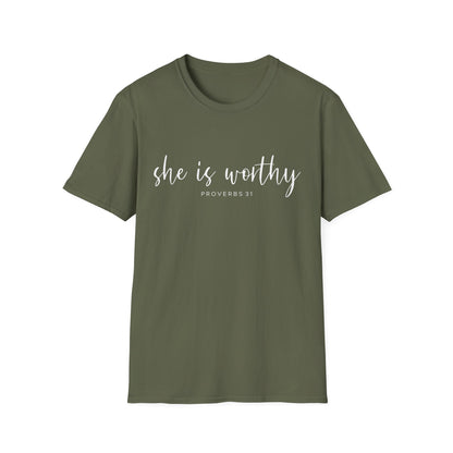 She Is Worthy T-Shirt — Proverbs 31 Inspirational Faith Tee