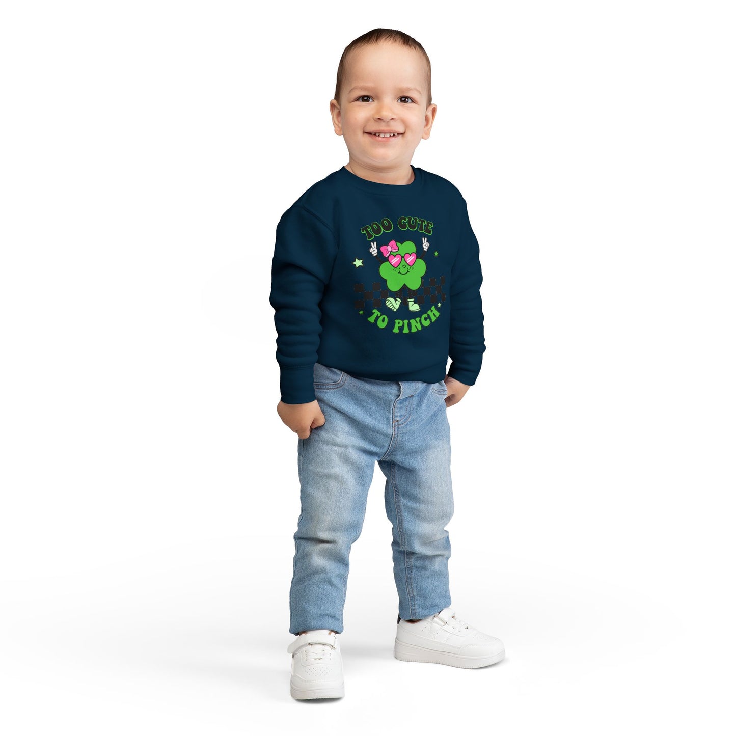 Toddler Sweatshirt — "Too Cute to Pinch" St. Patrick's Day Shamrock Crewneck