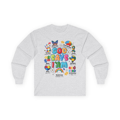 God Says I Am Long Sleeve Tee — Positive Christian Kids Faith Shirt