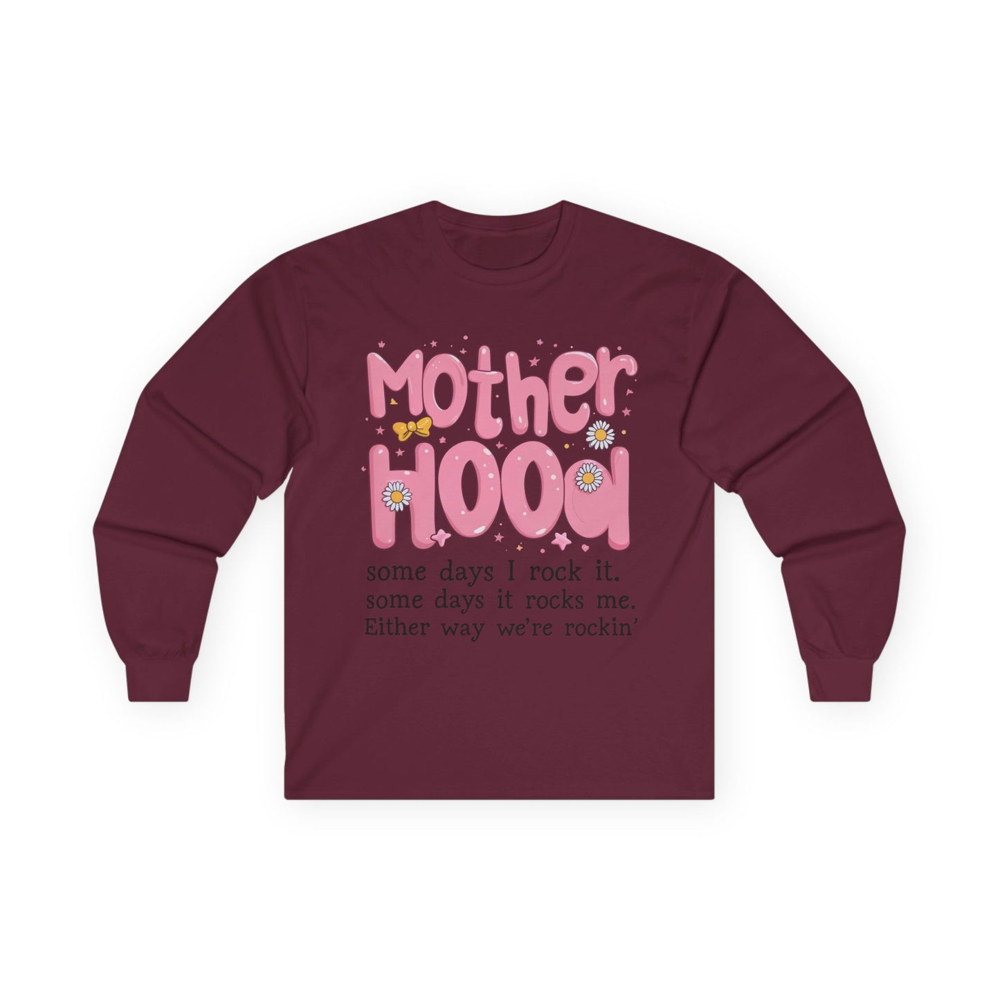 Motherhood Long Sleeve Tee — "Mother Hood" Cute Retro Graphic for New Moms & Mothers' Day