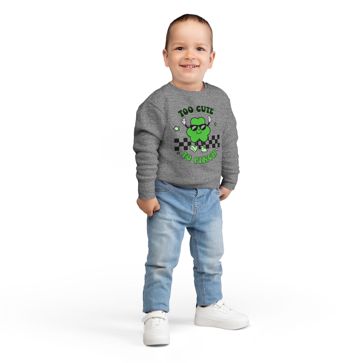 Toddler Sweatshirt — "Too Cute to Pinch" St. Patrick's Day Shamrock Sweatshirt for Babies & Toddlers