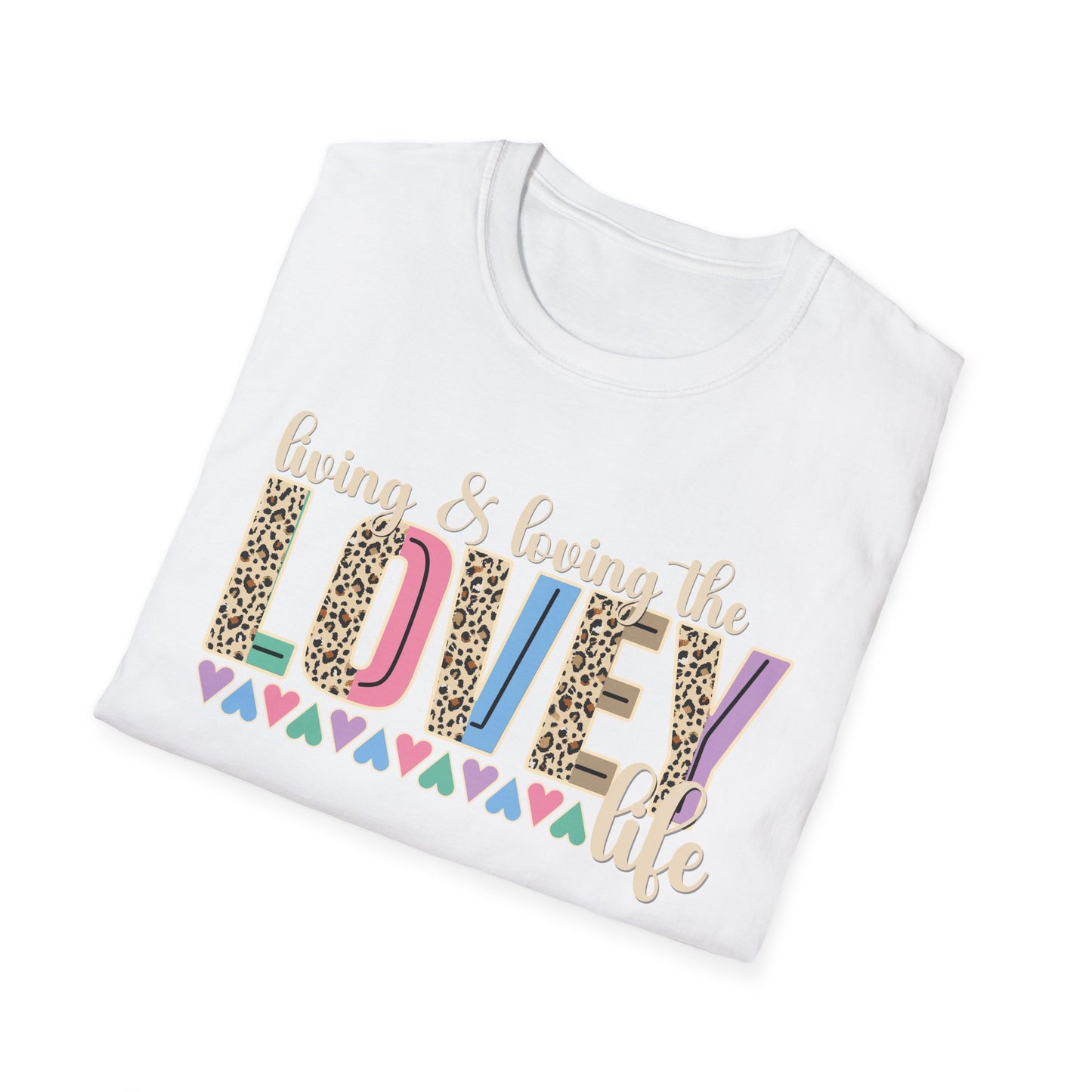 T-Shirt — Living the Lovey Life Graphic Tee (colorful leopard & pastel hearts)