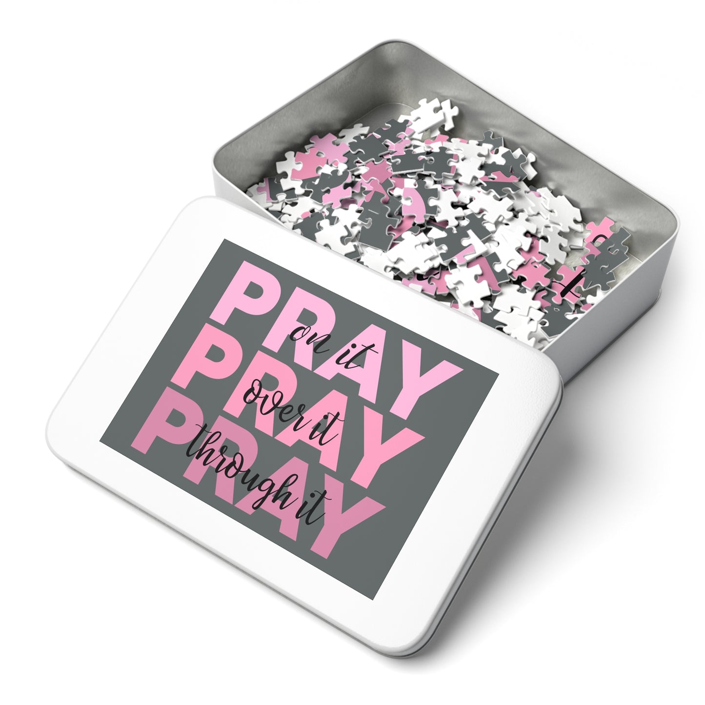 Prayer Puzzle Tin — “Pray on it, Over it, Through it” 500‑Piece Faith Jigsaw