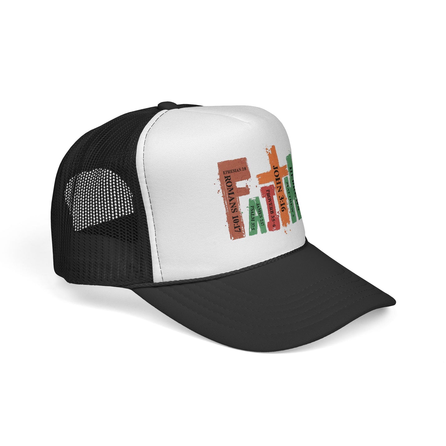 Christian Bible Verse Stack Trucker Cap — John 3:16, Romans, Hebrews Design