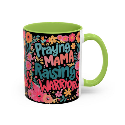 Coffee Mug — "Praying Mama, Raising Warriors" Floral Accent Mug (11/15oz)