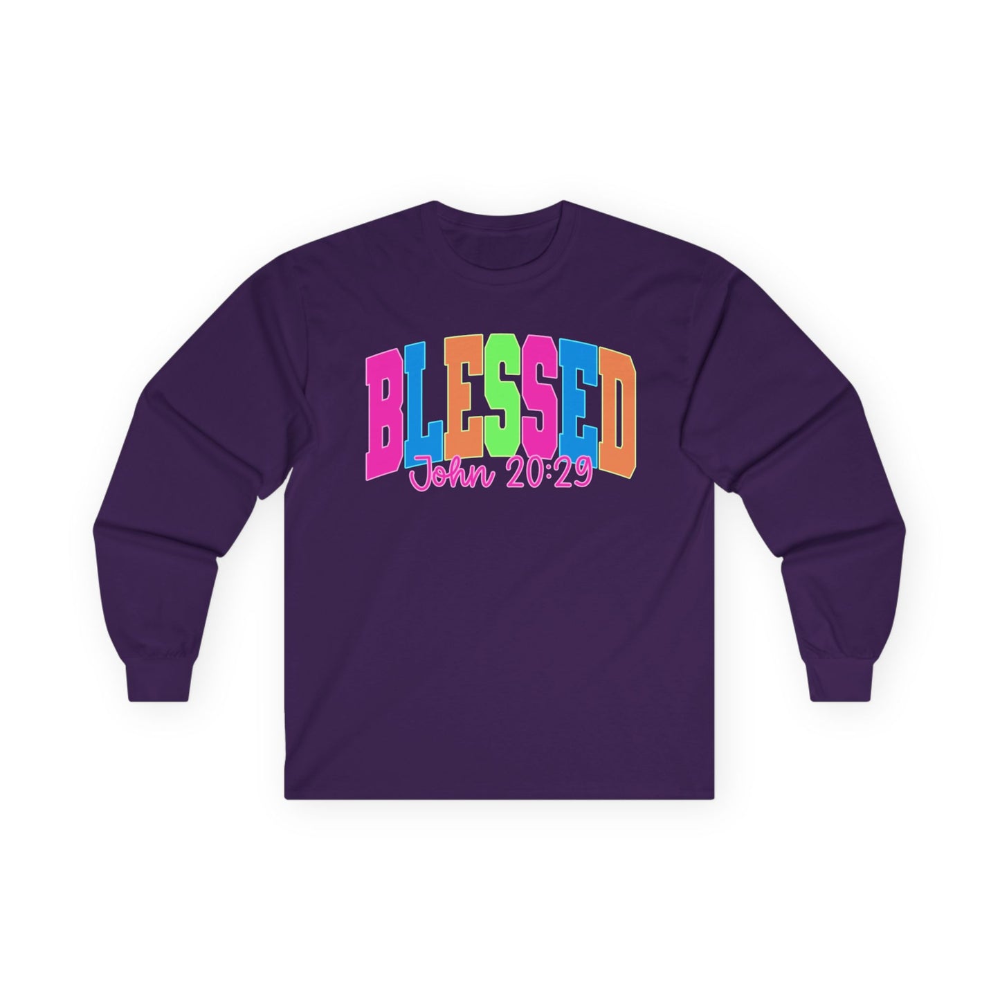 Blessed Long Sleeve Tee — Bright Colorblock 'BLESSED' with John 20:29