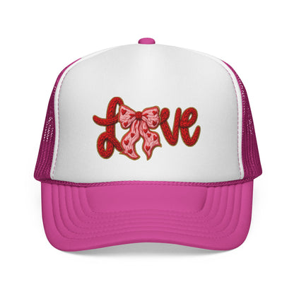 Love Bow Trucker Cap — Cute Pink Ribbon Love Logo Mesh Hat for Valentine’s Day