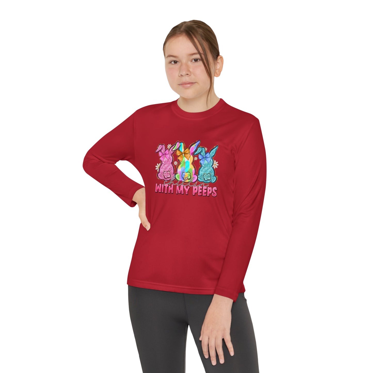 Youth Long Sleeve Tee — "With My Peeps" Colorful Easter Bunny Graphic