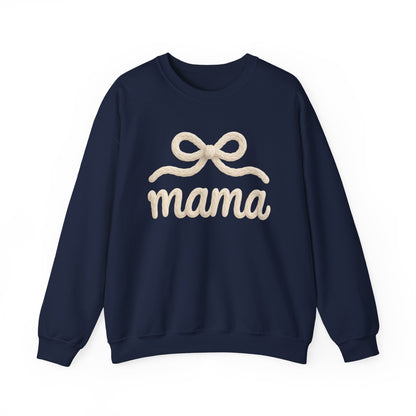 Mama Rope Bow Sweatshirt — Cozy White "mama" Crewneck for New & Expecting Moms