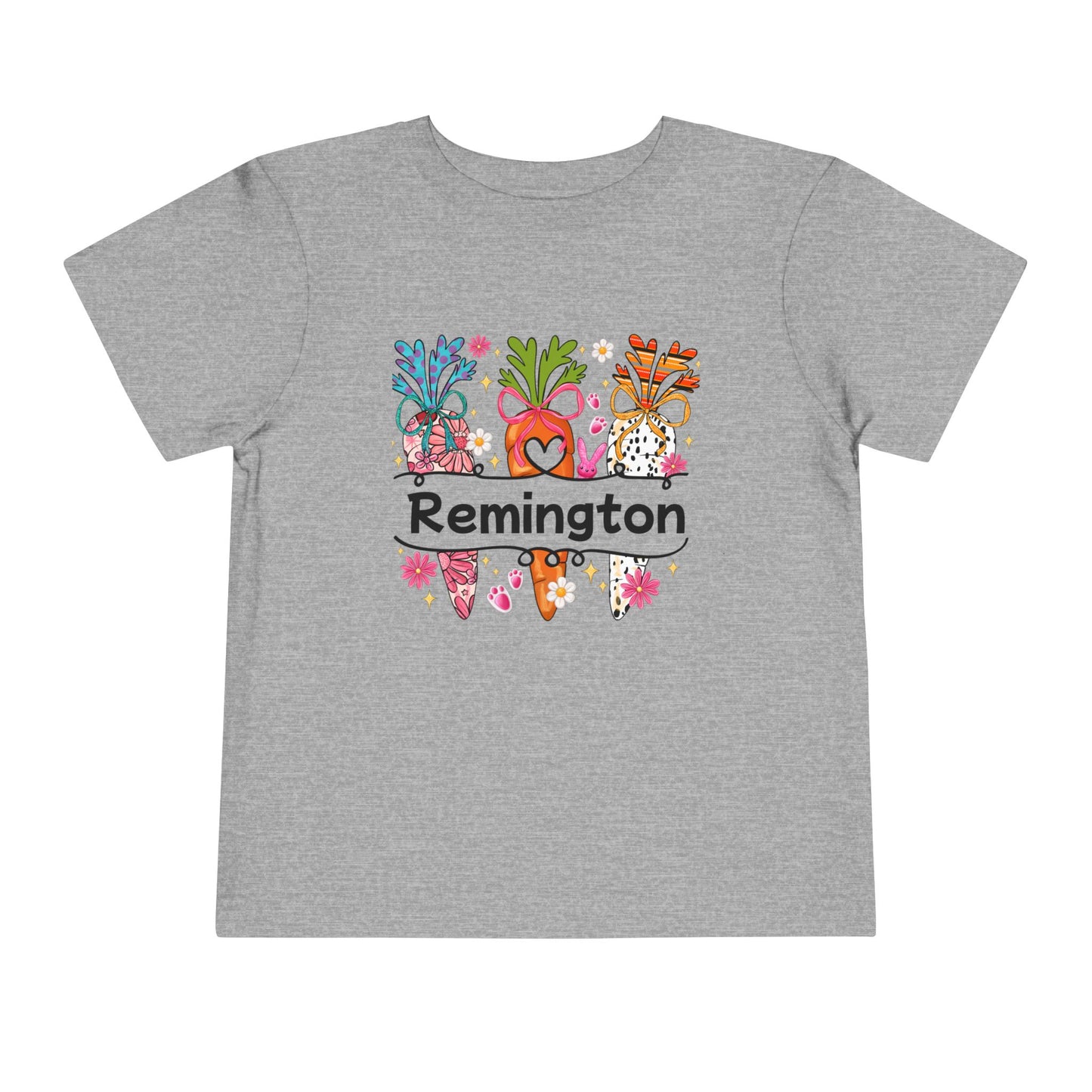 Personalized Toddler Tee — Colorful Easter Carrot Gnome Name Shirt (Remington)