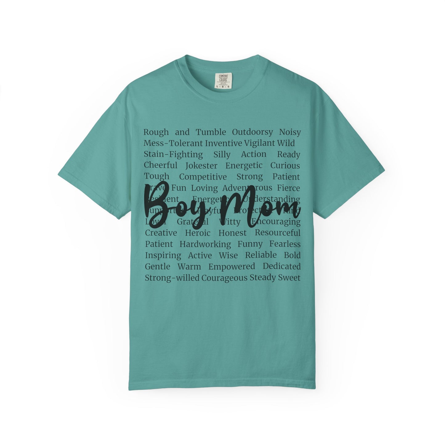 Boy Mom T‑Shirt — 'Boy Mom' Script over Positive Traits Tee COMFORT COLOR
