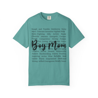 Boy Mom T‑Shirt — 'Boy Mom' Script over Positive Traits Tee COMFORT COLOR