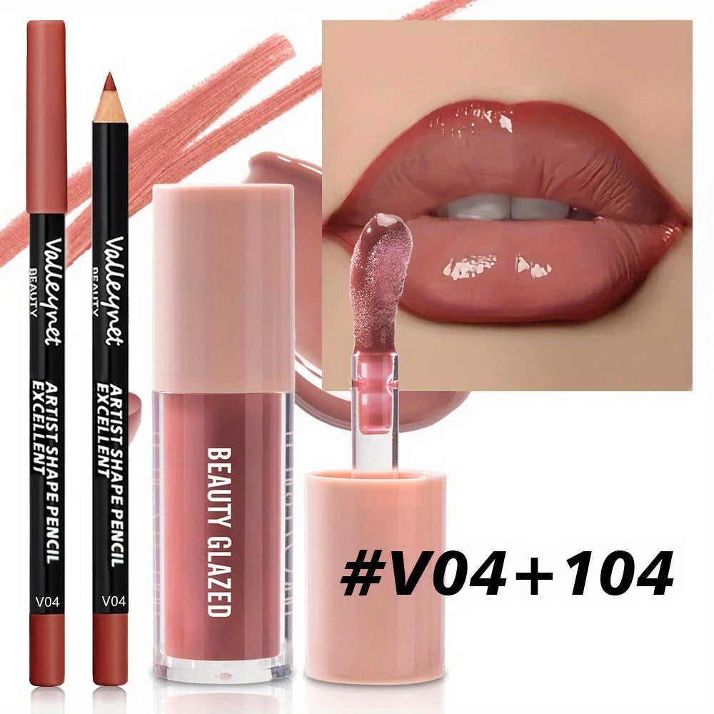 2pcs/set Velvet Texture Lip Makeup Set - Lip Liner - Lip Glaze - Waterproof Long-lasting Matte Effect