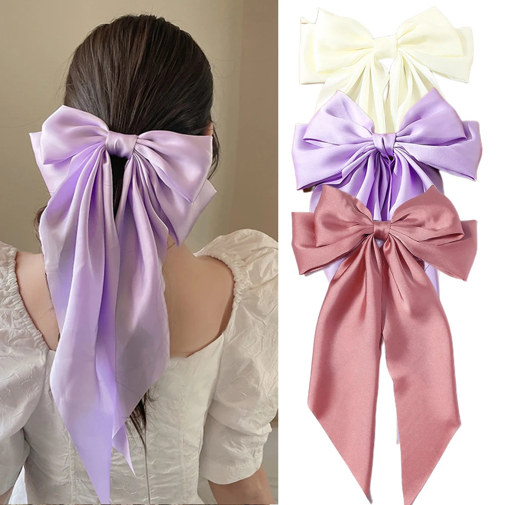 Hair Clips for Women Girls Big Bowknot Solid Satin