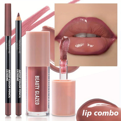 2pcs/set Velvet Texture Lip Makeup Set - Lip Liner - Lip Glaze - Waterproof Long-lasting Matte Effect