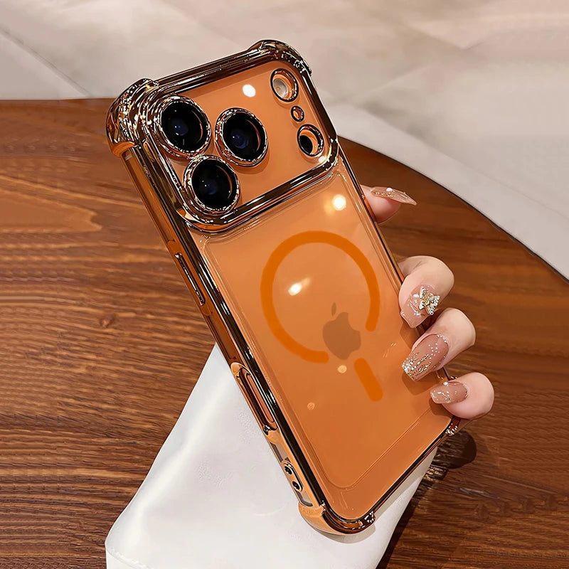 Plating Shockproof Transparent Case For iPhone 17 Air 16 15 14 13 12 Pro Max Anti Shock Proof Magsafe Wireless Charge Full Cover