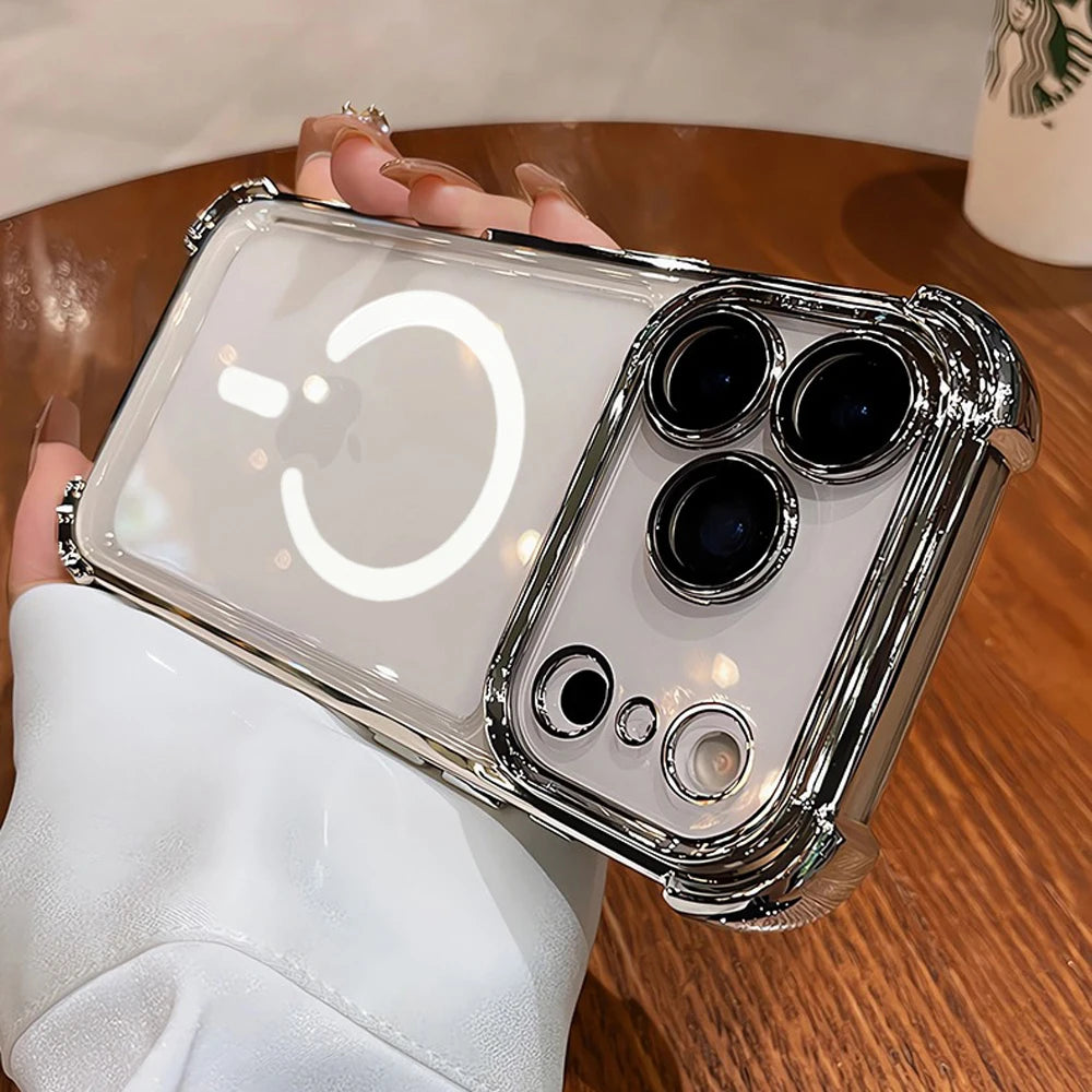 Plating Shockproof Transparent Case For iPhone 17 Air 16 15 14 13 12 Pro Max Anti Shock Proof Magsafe Wireless Charge Full Cover