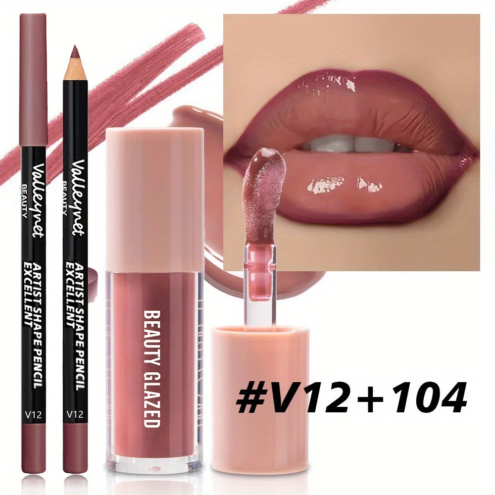 2pcs/set Velvet Texture Lip Makeup Set - Lip Liner - Lip Glaze - Waterproof Long-lasting Matte Effect